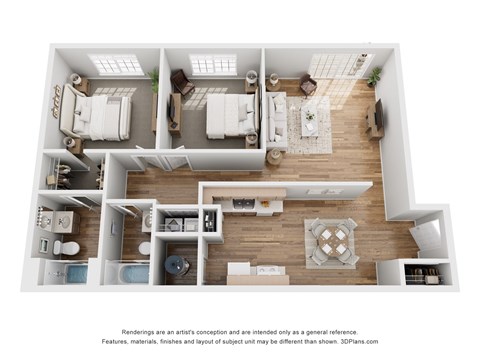 Floor plan for 2 beds, 2 baths, 1136 sqft